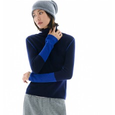 批发云上生活【蓝宝石】拼接撞色100%绵羊毛高领<b class='q'>毛衣</b>秋冬打底衫女