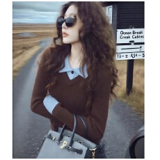 批发秋冬棕色正肩内搭修身套头毛衣女polo领假两件打底针织衫长袖<b class='q'>上衣</b>