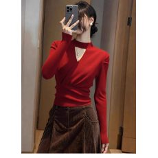 批发超好看红色交叉<b class='q'>镂空</b>长袖针织<b class='q'>衫</b>女秋冬设计感收腰显瘦内搭打底上衣