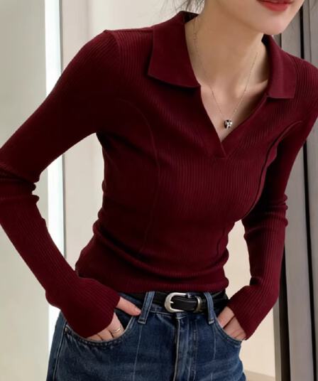 신년 빨간색 POLO 셔츠 폴로 칼라 니트 기본 셔츠 여성 가을 겨울 스웨터 인사이드 가져 가라. 고급 센스 품격 긴팔 맨위