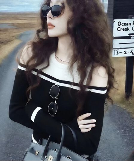 검정색 빛 럭셔리 작은 대중 프랑스식 패치워크 색상 오프숄더 긴팔 여성 봄 편안함 슬림해 보이는 다용도 명문 여성 학원 스타일 맨위