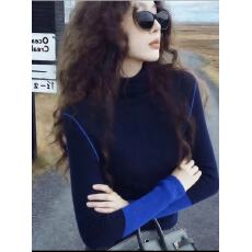 批发云上生活蓝宝石袖子拼色拼接撞色绵羊毛高领毛衣秋冬针织<b class='q'>打底衫</b>女