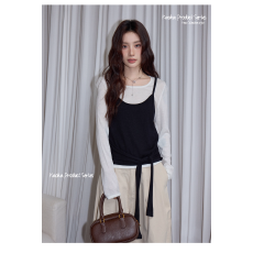 批发吵吵家韩系设计感黑白针织衫女2025秋休闲气质修身长袖打底上衣