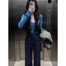 批发法式复古v领蓝色针织衫女2026春季新款修身麻花<b class='q'>毛衣</b>打底长袖上衣