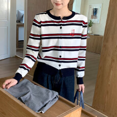 批发cheer up针织<b class='q'>开衫</b>短外套女2026新款春秋学院风条纹羊毛衫女装上衣