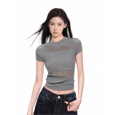 批发灰色镂空针织短袖t恤女<b class='q'>夏季</b>修身高腰露脐内搭打底冰丝短款小上衣