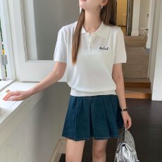 批发谁桃子 peach who美式复古含羊毛polo领短袖T恤女新款毛针织上衣