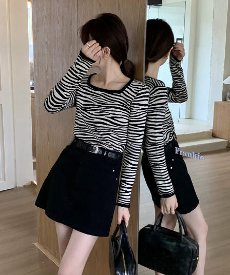 봄 고유 한 Chic 얼룩말 곡물 광장 칼라 쇄골 기본 셔츠 여성 인사이드 가져 가라. 디자인 센스 작은 대중 몸매 가꾸기 긴팔 맨위