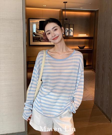 maven lin 130 지점 아세트산 콜라겐 계란 화이트 원사 스트라이프 긴팔 맨위 여성 대 라운드 넥 자외선 차단 블라우스