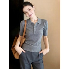 批发灰色翻领短袖针织衫女装春装2026新款韩系高级感气质女士上衣<b class='q'>毛衣</b>