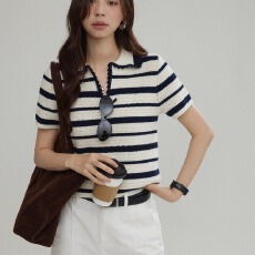 批发Joli Choose撞色<b class='q'>条纹</b>针织短袖T恤女夏季POLO领休闲通勤百搭小衫