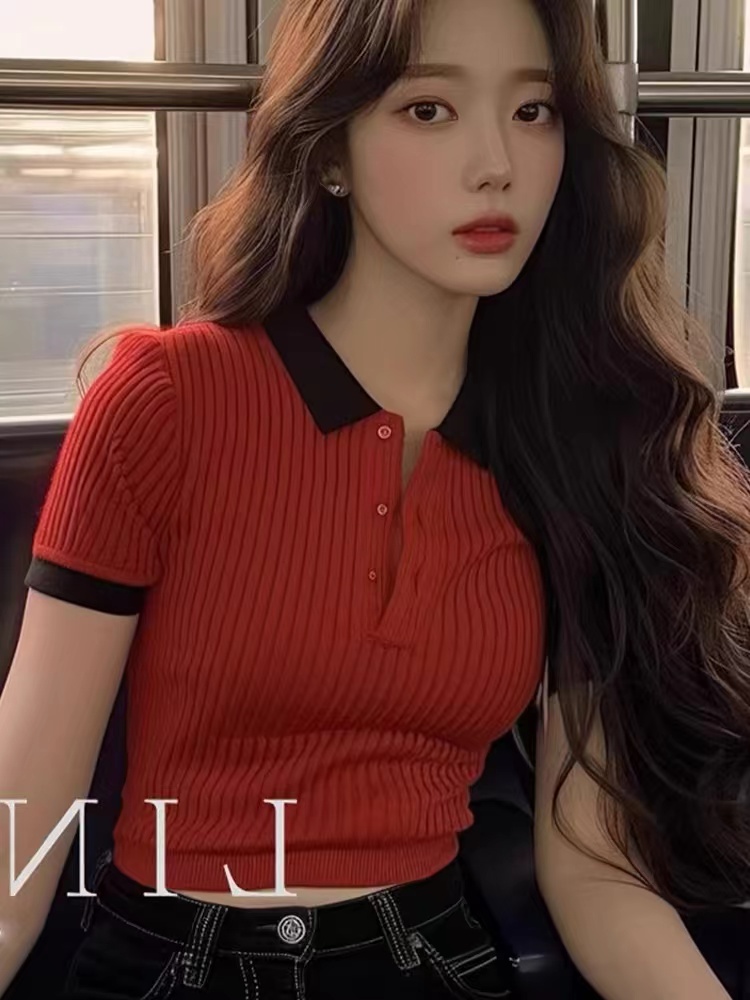 올해 인기 ~ 중 아름다운 작은 셔츠 빨간색 POLO 칼라 얼음 실크 니트 스웨터 타이트 반팔 티셔츠 맨위 여성 여름