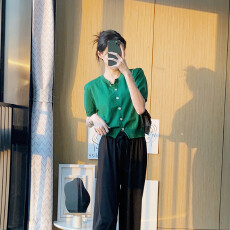 批发FCY studio绿色短袖<b class='q'>针织</b>上衣女2022春夏新款韩版百搭休闲<b class='q'>短款</b>小衫