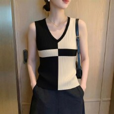 外贸专柜出口女装法式v领无袖背心针织外穿百搭设计感小众上衣夏