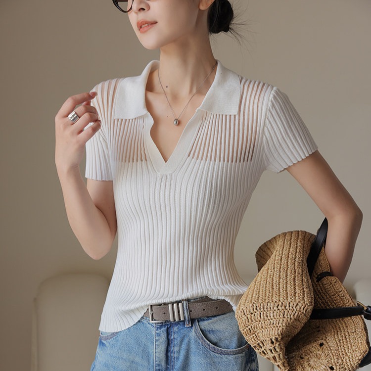 jwunique 딤플 베이지 색 반팔 홀로우 아웃 구덩이 기사 니트 티셔츠 여성 2026 여름 새로운 몸매 가꾸기 맨위