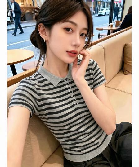 레트로 POLO 칼라 스트라이프 니트 스웨터 반팔 티셔츠 여성 여름 디자인 센스 문예 품격 슬림해 보이는 출퇴근 맨위