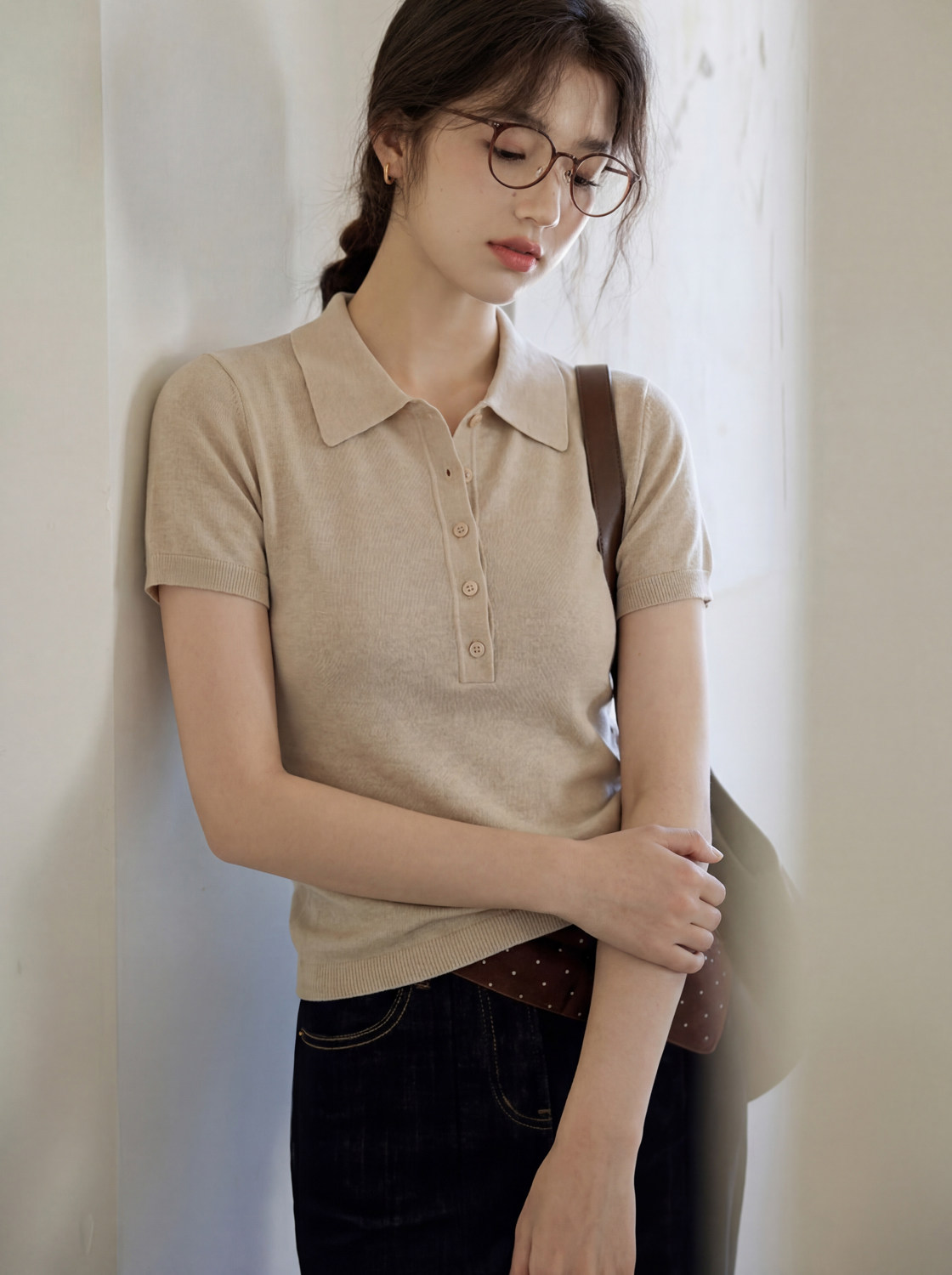 프랑스식 얼음 실크 POLO 셔츠 니트 반팔 티셔츠 여성 여름 캐주얼 품격 몸매 가꾸기 슬림해 보이는 차가운 센스 긍정적 인 어깨 의류