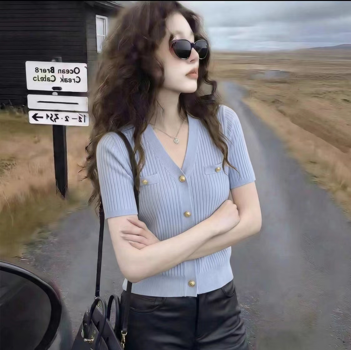 2026 여름 새로운 얼음 실크 V넥 파란색 작은 샤넬 스타일 니트 스웨터 반팔 오픈 가디건 샤 징 버클 티셔츠 몸매 가꾸기 맨위