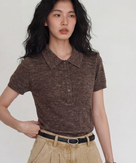 오래된 돈 바람 긍정적 인 어깨 얼음 실크 POLO 셔츠 여성 여름 프랑스식 차가운 센스 티셔츠 고급 센스 캐주얼 품격 슬림해 보이는 맨위