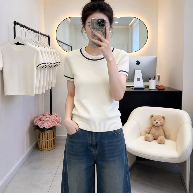 패션 고급 센스 배색 라운드 넥 반팔 니트 스웨터 여성 여름 빅 사이즈 지방 mm 디자인 센스 작은 대중 슬림해 보이는 맨위