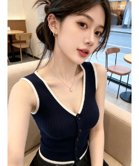 한 부서 V넥 배색 단추 조끼 니트 스웨터 여성 2026 여름 새로운 몸매 가꾸기 슬림해 보이는 외국 가스 연령 감소 맨위