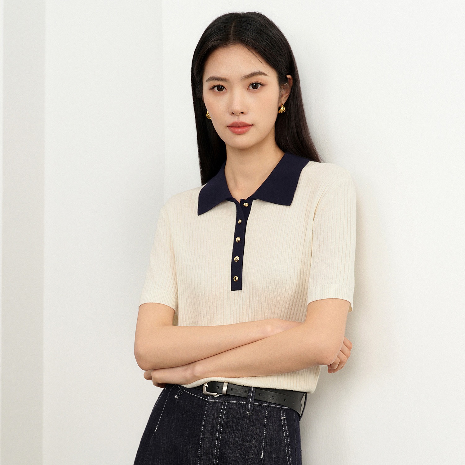 뽕나무 누에 실크 기초 배색 칼라 반팔 니트 스웨터 26 여름 새로운 반팔 맨위