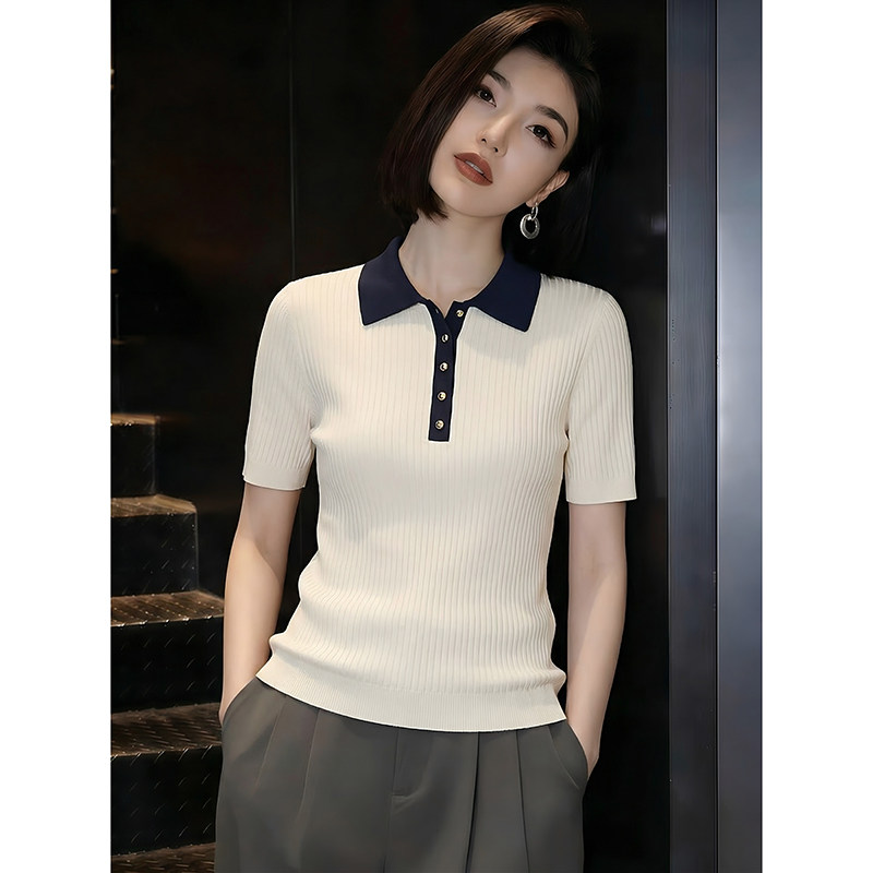 프랑스식 품격 폴로 칼라 슬림해 보이는 연령 감소 반팔 니트 스웨터 여성 2026 여름 새로운 올해 인기 폭발 맨위