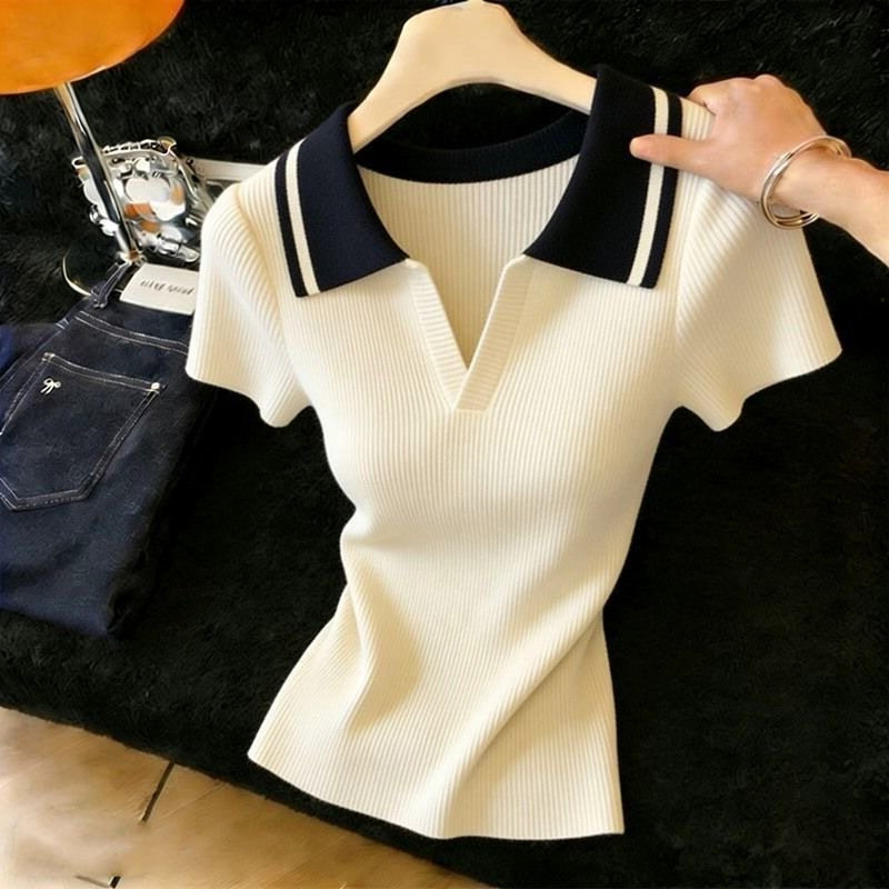 POLO 셔츠 폴로 칼라 얼음 실크 반팔 니트 스웨터 여성 얇은 스타일 외국 가스 티셔츠 루즈핏 연령 감소 배색 맨위