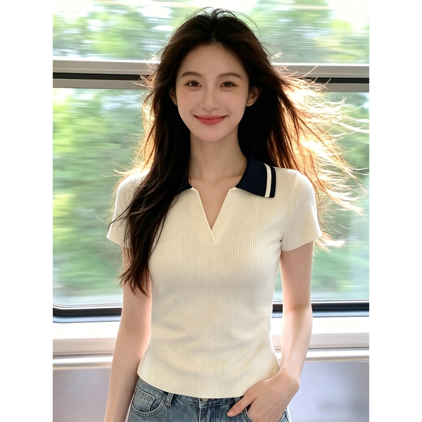 한국 스타일 고급 센스 패치워크 색상 POLO 칼라 반팔 니트 스웨터 여성 여름 새로운 패션 Chic 캐주얼 다용도 맨위