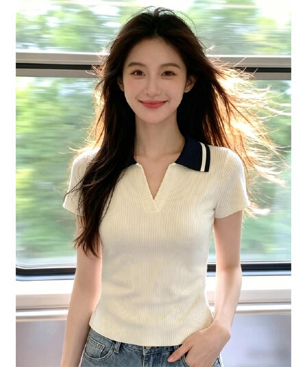 한국 스타일 고급 센스 패치워크 색상 POLO 칼라 반팔 니트 스웨터 여성 여름 새로운 패션 Chic 캐주얼 다용도 맨위