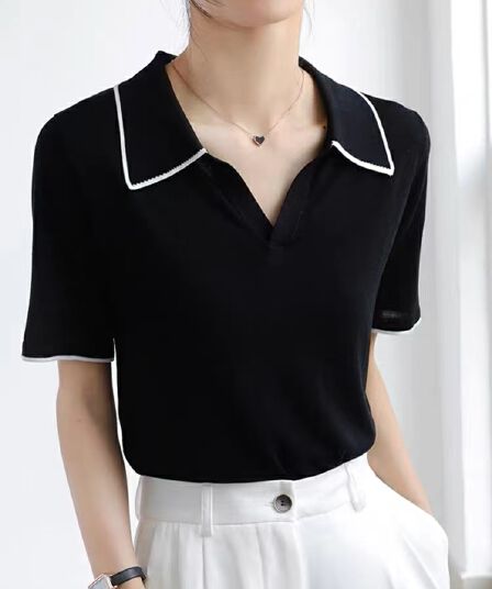 검정색 폴로 칼라 긍정적 인 어깨 반팔 티셔츠 여성 여름 프랑스식 고급 센스 빛 요리 한 바람 얼음 실크 니트 스웨터 polo 맨위