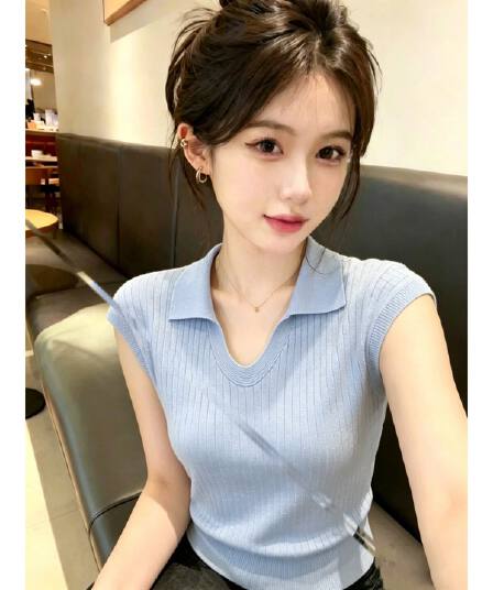 한국 스타일 학원 스타일 황색 POLO 칼라 구덩이 기사 얼음 실크 니트 반팔 티셔츠 여성 여름 작은 날다 소매 쇼트 스타일 맨위