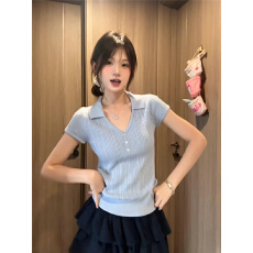 批发2026新款学院风v领针织短袖t恤<b class='q'>女</b>夏季2026新款独特漂亮掐腰小上衣