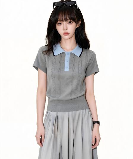 회색 아메리칸 POLO 칼라 니트 반팔 티셔츠 여성 2026 여름 새로운 레트로 학원 스타일 몸매 가꾸기 쇼트 스타일 맨위