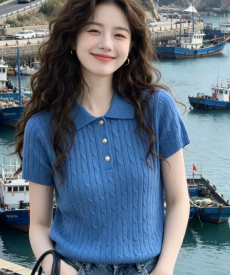 한 부서 파란색 폴로 칼라 니트 여성 허리 수축 슬림해 보이는 다용도 반팔 티셔츠 여성 여름 도파민 분위기 센스 맨위