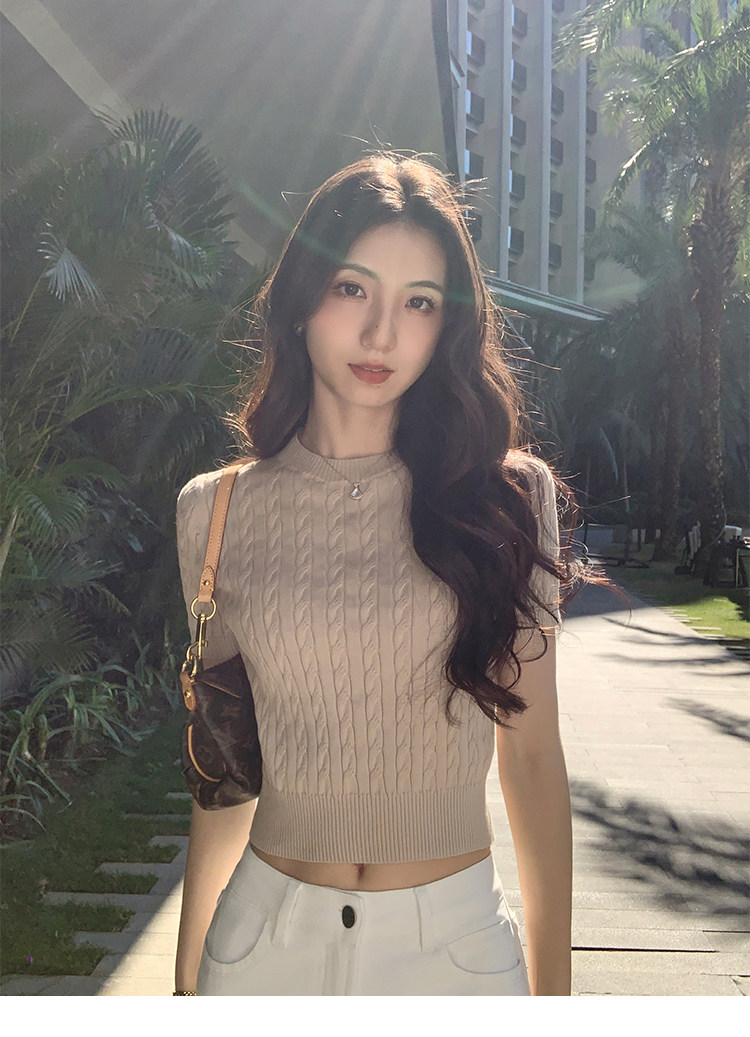 mulvan 다용도 이야기 면 100% 꽈배기 쇼트 스타일 맨위 여성 클래식 라운드 넥 몸매 가꾸기 반팔 얇은 니트 스웨터