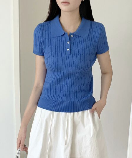 여름 파란색 폴로 칼라 꽈배기 반팔 니트 스웨터 여성 프랑스식 POLO 칼라 고급 센스 기본 셔츠 얼음 실크 맨위
