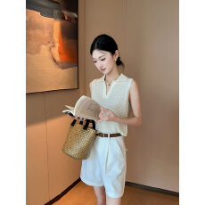 批发PINKEEN杏色镂空肌理感polo领针织背心女夏季2026新时尚百搭上衣