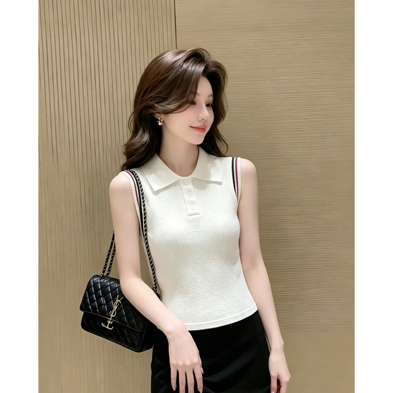 프랑스식 작은 폴로 칼라 민소매 니트 조끼 여성 여름 디자인 센스 인사이드 가져 가라. 캐주얼 미니멀리즘 출퇴근 패션 맨위 트렌디