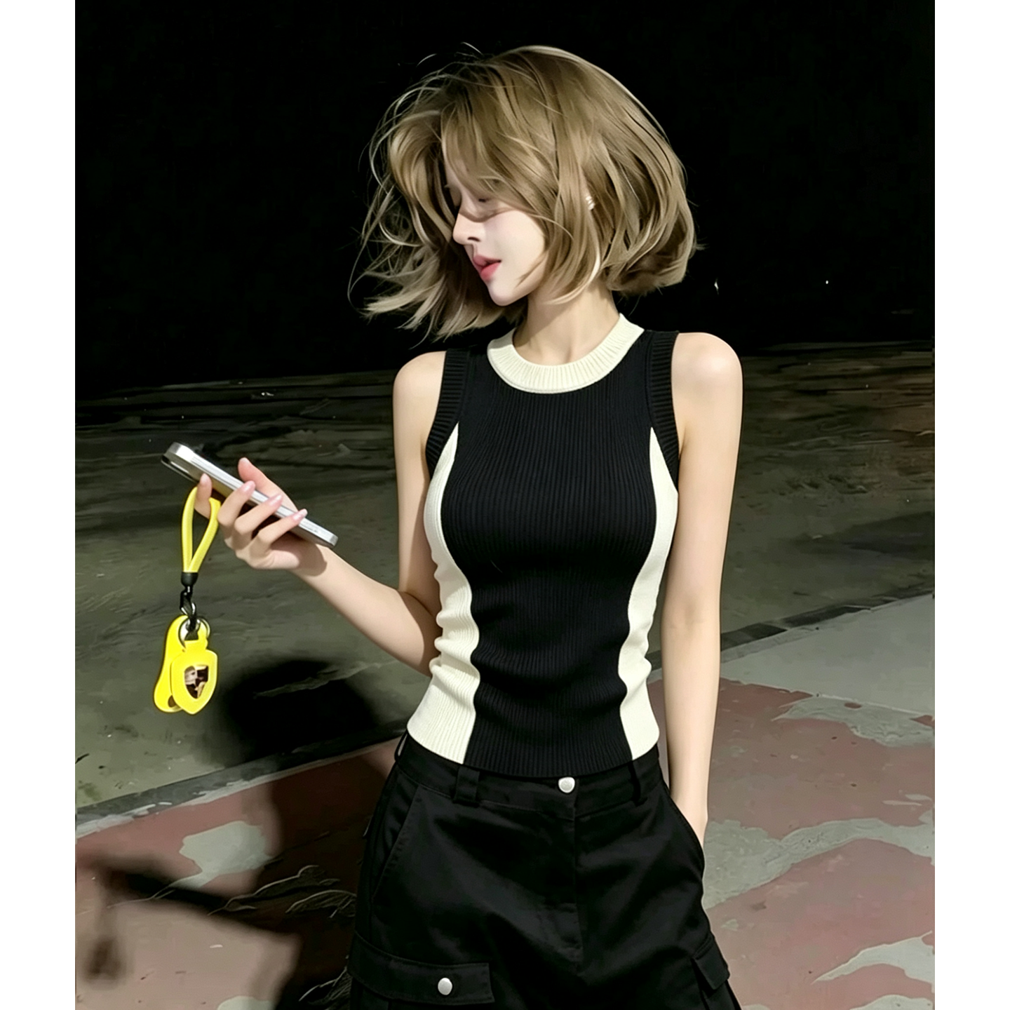 Chic 디자인 센스 배색 라운드 넥 니트 캐미솔 2026 여름 몸매 가꾸기 슬림해 보이는 품격 민소매 맨위