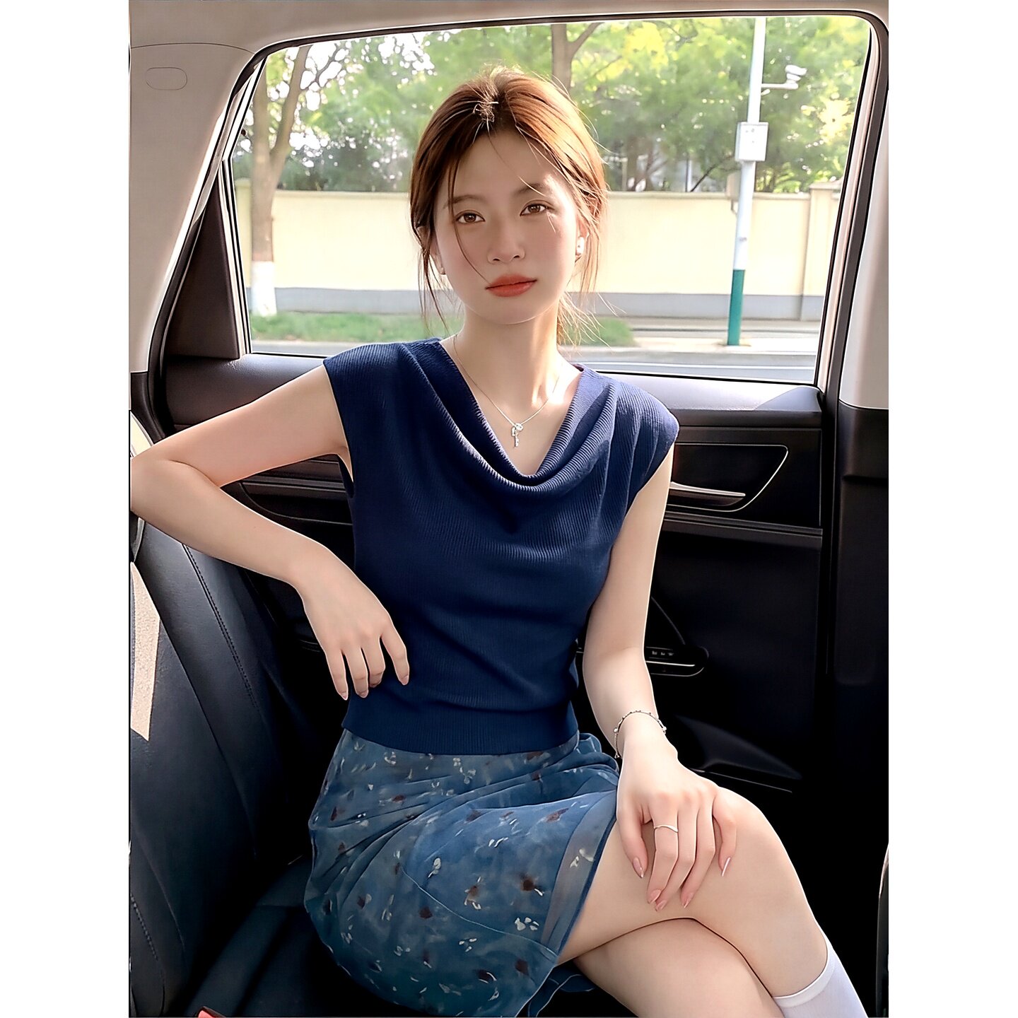 프랑스식 파란색 흔들다 칼라 니트 반팔 티셔츠 여성 2026 년 여름 작은 대중 Chic 몸매 가꾸기 슬림해 보이는 동정 맨위