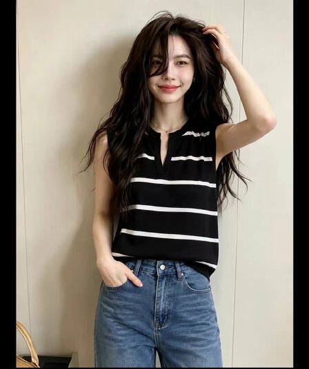 한 부서 흑인과 백인 색상 스트라이프 V넥 민소매 니트 스웨터 여성 여름 디자인 센스 자이언트 잘 생긴 ~ 중 어깨 작은 맨위