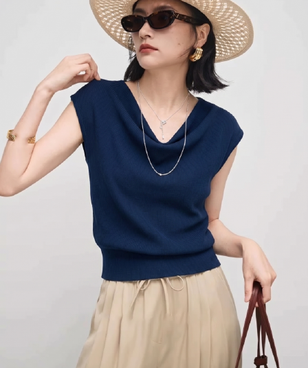 프랑스식 파란색 흔들다 칼라 니트 반팔 티셔츠 여성 여름 작은 대중 Chic 몸매 가꾸기 품격 디스플레이 얇고 작은 날다 소매 맨위
