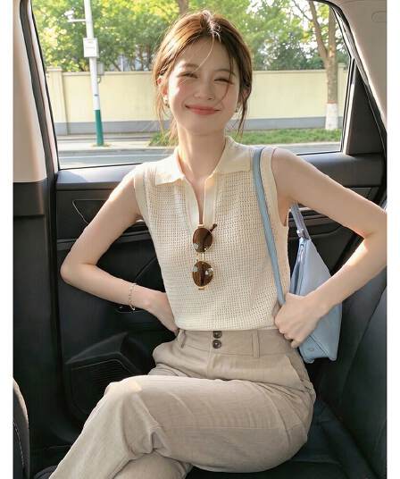 프랑스식 얼음 실크 홀로우 아웃 POLO 칼라 민소매 조끼 여성 여름 고유 한 품격 루즈핏 슬림해 보이는 다용도 어깨 맨위