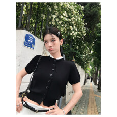 批发HAMYIHO miu系圆领针织短袖t恤女夏季假两件收腰显瘦短款上衣黑色