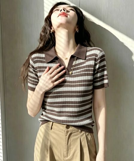 한국 스타일 루즈핏 다용도 고급 센스 출퇴근 패션 poio 셔츠 여성 여름 얇은 스타일 배색 스트라이프 캐주얼 맨위