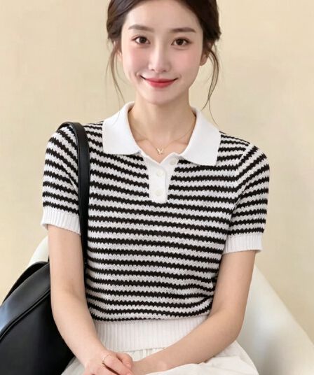 새로운 여름 오래된 돈 바람 폴로 칼라 스트라이프 POLO 칼라 얼음 실크 니트 티셔츠 여성 프랑스식 품격 반팔 맨위 얇은