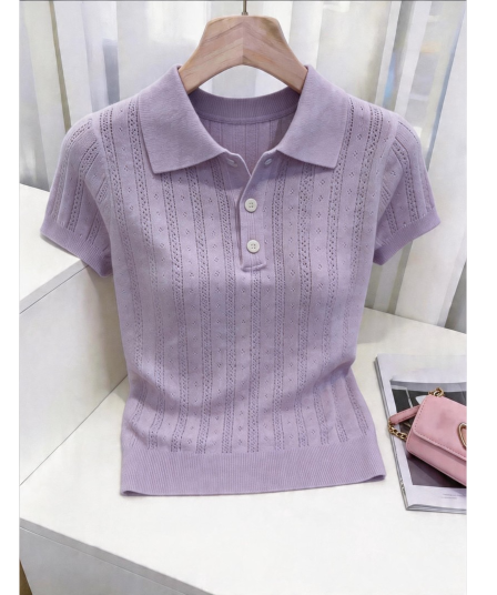 보라색 POLO 칼라 반팔 니트 스웨터 여성 2026 여름 새로운 연령 감소 디자인 센스 단추 프랑스식 캐주얼 맨위