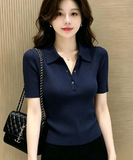 해군 POLO 칼라 긍정적 인 어깨 얼음 실크 니트 반팔 티셔츠 여성 여름 몸매 가꾸기 얇은 스타일 고유 한 슈퍼 잘 생긴 맨위