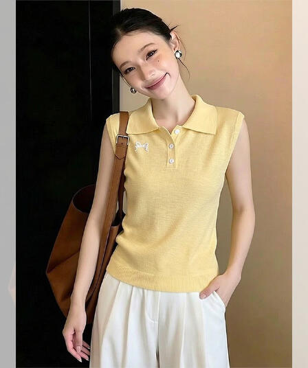 POLO 칼라 Chic 작은 대중 나비 매듭 니트 조끼 여성 여름 황색 다용도 민소매 미니멀리즘 디자인 센스 맨위